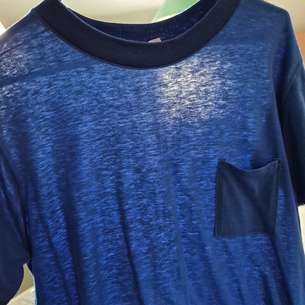 Vintage 80s Paper Thin T-Shirt Mens XXL Blue Blank Pocket Tee Single Stitch USA